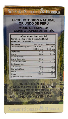 Maca En Cápsulas De 500mg, 60 Cáps Schmidt Schuler & Herrick Sabor Maca