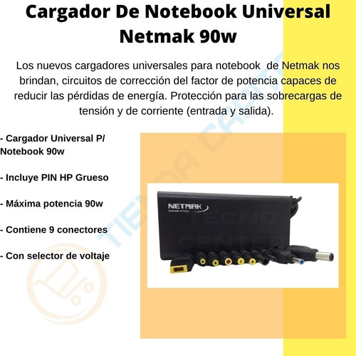 Imagen 2 de 7 de Cargador De Notebook Universal 90w Netmak Nm-1187 Tienda