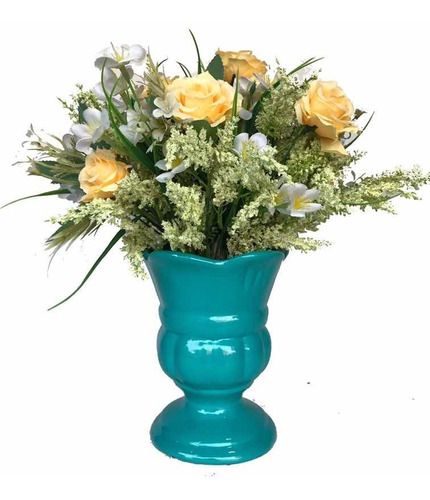 Vaso De Flores Rosas Amarelas Com Vaso Azul Turquesa | Frete grátis
