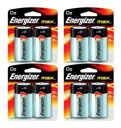 Kit 4 Cartelas Com 2 Pilhas Alcalinas D2 Energizer Max