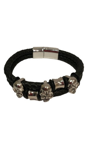 Pulsera Cierre Magnetico Cuero Negro Strass Calaveras Skull