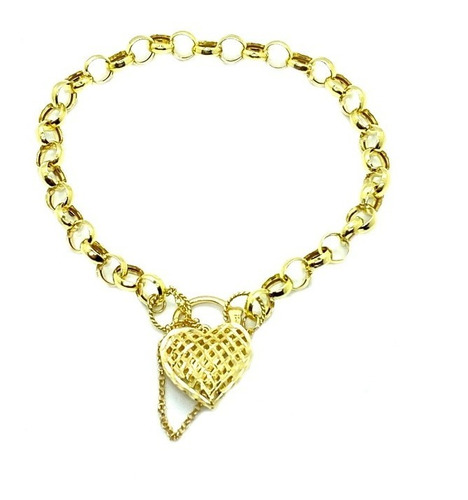 Pulseira Fem. Elo Português Com Fecho Coração 22cm Ouro 18k