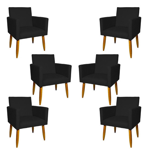 Kit 6 Poltronas Decorativas Para Sala Cadeira Pé Castanho Cor Preto Desenho do tecido Suede