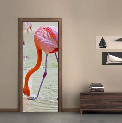 Vinilo Para Puerta Pajaro Ave Flamenco Rosa Naturaleza Deco