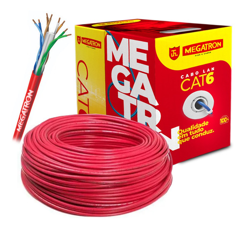 Cabo Lan U/utp 4 Pares X 23awg Cat6 305m Vermelho Megatron