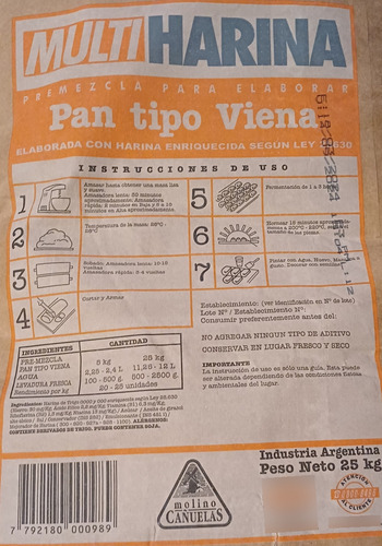 Multi Harina Premezcla Pan Tipo Viena Cañuelas X 25 Kg