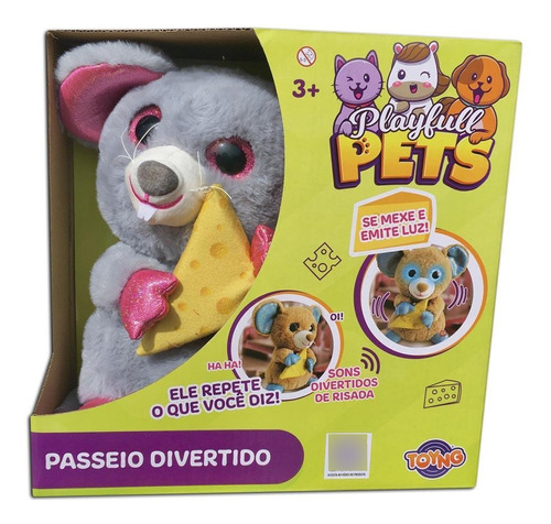 Ratinho De Pelucia Cinza Passeio Divertido Som Luz Toyng