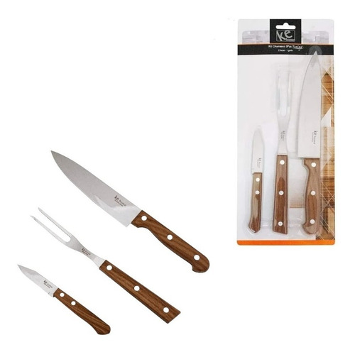 Kit Churrasco Multiuso Faca Garfo Em Inox Cabo Madeira 3 Pçs