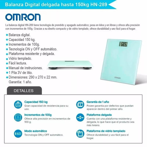 Imagen 3 de 6 de Balanza Digital Omron Hn-289 Fitness Vidrio Templado 150kg
