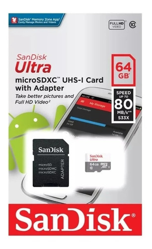 Micro Sd De 64 Gigas Sandicks 80 Mb/s 533x