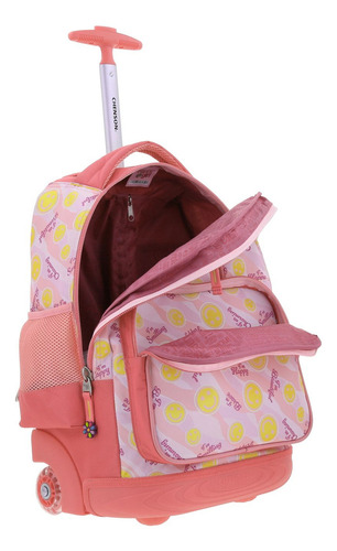 Mochila Grande Chenson Gatitos Happy Girl Ruedas Luz Led Color Rosa Claro Diseño De La Tela Emoji