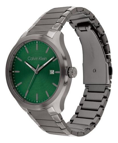 Reloj Calvin Klein Hombre Analógico Negro 25200350 Correa Gris Fondo Verde Oscuro