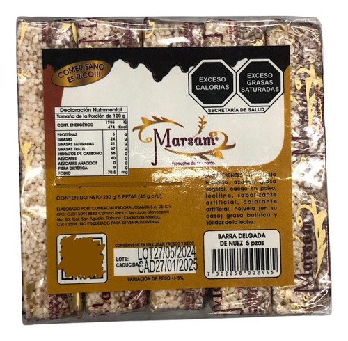 5 Barras Alegrias Amaranto 46g C/u Nuez Chocolate Marsam