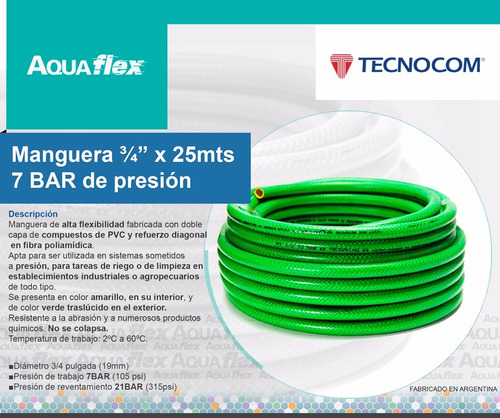 Imagen 3 de 8 de Manguera Riego 7 Bar Presión 3/4 X 25 Mts Man3425 Aquaflex