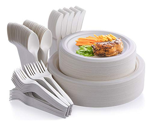 250pcs Compostable Paper Plates With Cutlery Set, Dispo..