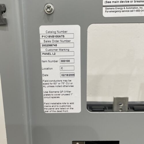 (c) Siemens P1 250 Amp Main Breaker Panel P1c18nb100ats Yyh