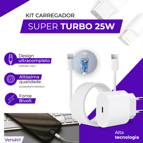 Carregador Turbo 25w Para iPhone 8 X Xr 11 12 13 14 Pro Max