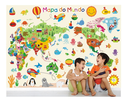 Adesivo Infantil Mapa Mundi Gigante 6m² Papel De Parede M12