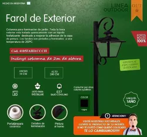 Farol Colonial Columna Exterior Hierro Poste Jardín Apto Led