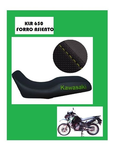 Forro Asiento Klr Kawasaki Cuero Sintético Bordado Verde