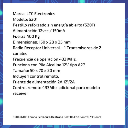 Imagen 6 de 9 de Combo Cerradura Destraba Pestillo Con Control Y Fuente