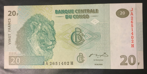 Papel Billete Del Congo , Año 2003 - 20 Francos