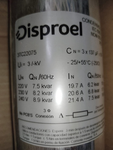 Condensador Trifásico 7,5 Kvar 220v 60hz Disproel