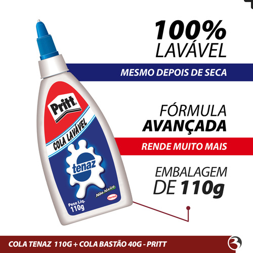 Cola Bastão Pritt 40g + Cola Branca Tenaz 110g Lavável