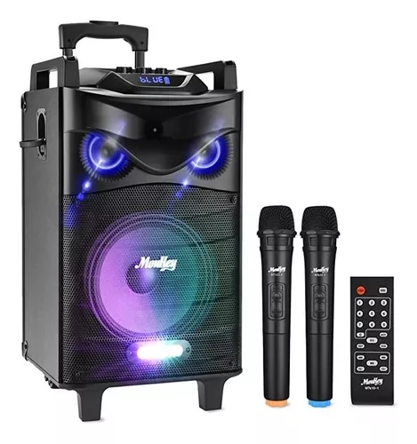  Moukey Altavoz Bluetooth portátil, sistema de megafonía de  woofer grande para Navidad, sonido potente, máquina de karaoke con 2  micrófonos inalámbricos y ajuste de eco/agudos/bajos, compatible con :  Instrumentos Musicales