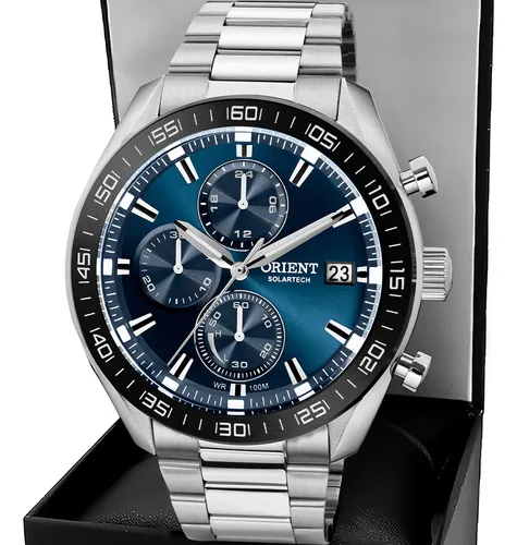 Relógio Orient Solartech Masculino Cronógrafo Azul Preto MBSSC303