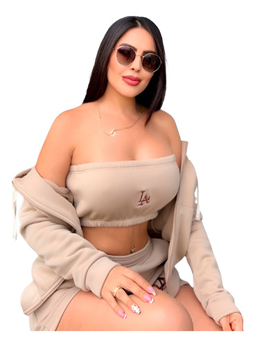 Conjunto Short Y Sudadera 3 Piezas Mujer Casual Dama Moda Beige Lisa M