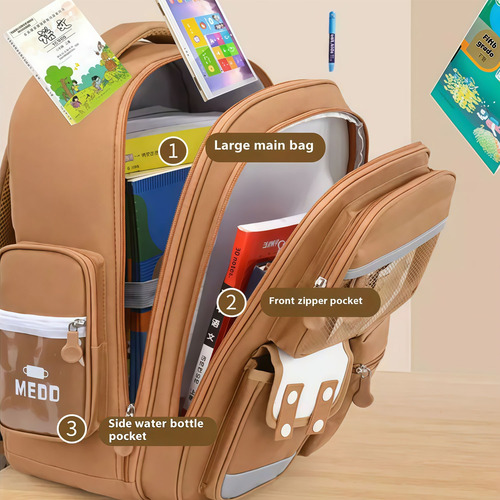 Mochila Capibara Escolar Kawaii Con Accesorios Compartimentos Premium Marrón Claro Tela De Oxford