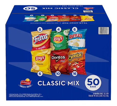 Paquete 50 Bolsas Variedad Fritos Cheetos Doritos Americanos Variedad Classic Mix