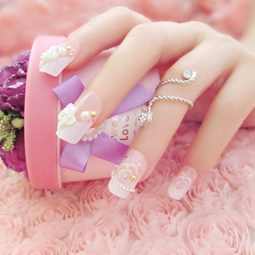Unhas Postiças Pérolas Brancas E Rosas Para As Mãos Curtas Unha Postiça