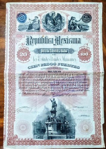 Raro Bono $100 Deuda De Republica Mexicana 1885 