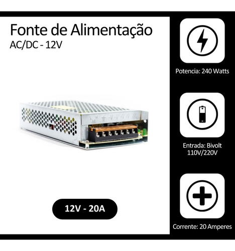 5 Fontes Chaveada Bivolt 110v/220v Saida 12v-20a 240 Watts