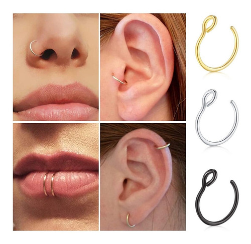 Falso Piercing Sin Fin Argollitas Acero Quirurgico Pack X3 Color Las 3 Doradas