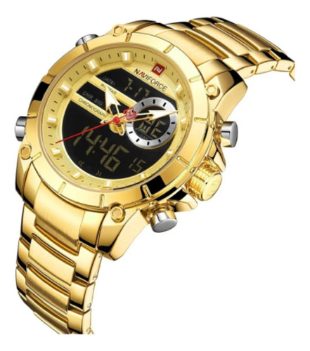 Relógio Masculino De Pulso Naviforce 9163 Analógico Digital Cor da correia Dourado Cor do bisel Dourado