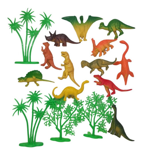 Set De 12 Dinosaurios Surtidos Y 4 Arboles