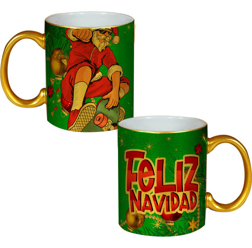 Taza Dorada Santa Claus Patineta, Para Regalo