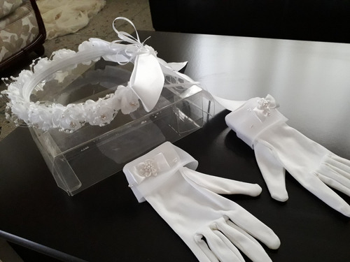 Corona Primera Comunion + Guantes Blanco Boda Bautizo Niña!!