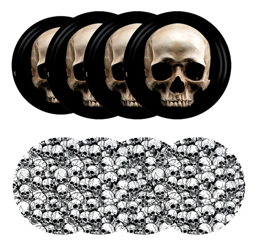 8 Pratos Descartáveis Halloween Caveira 18cm Decoração Festa