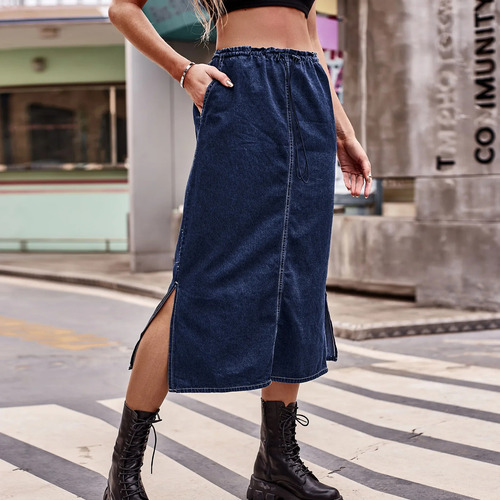 Falda Midi De Mezclilla Con Cintura Elástica Para Mujer, Est