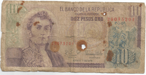 Billete Antiguo De Diez Pesos Oro