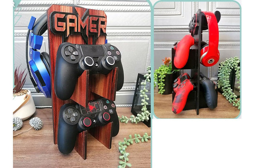 Soporte Doble Gamer En Madera Para Controles Audifonos Juego