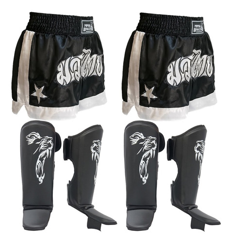 Pack Muaythai: 02 Caneleiras + 02 Shorts - Kit Preto