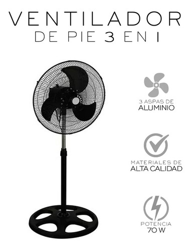 Ventilador 19 Pulgadas Pedestal Piso Pared 3 En 1 Aspas Metálica 3 Velocidades Movimiento Oscilatorio Potencia De 55w Ventilador 3 En 1 Amoloria H500/n, 45cm De Diámetro 127v
