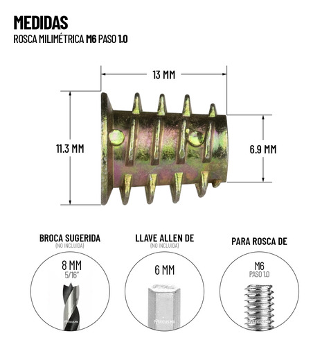 Inserto Tuerca Milimetrica Madera M6 X 13 Mm Con Tope (100 Unidades) Ficus.MX 200-06013