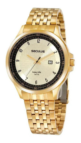 Relógio Masculino Dourado Seculus Com Data Prova D'água 50m