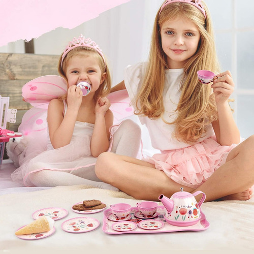 D-fantix Juego De Té Para Niñas Pequeñas, Juego De 15 Piezas Color Rosa